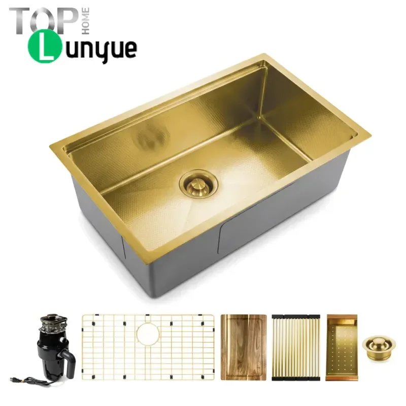32 Inch Gold Handcrafted Modern Undercounter Workstation Kitchen Sink Single Bowl 304 Stainless Steel Stepped Design with