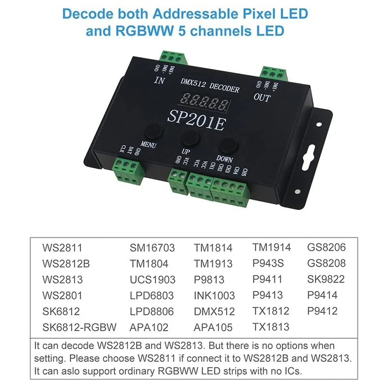 2X SP201E DMX512 WS2812B WS2811 DMX To SPI Controller Decoder,Support Multiple Ics