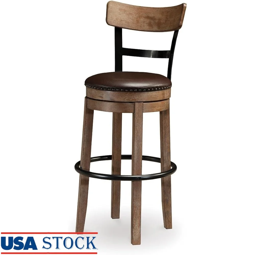 

Modern Swivel Pub Height Barstool Vintage Brown Faux Leather Cushion Seat Metal Footrest Adjustable Height Rustic Dining