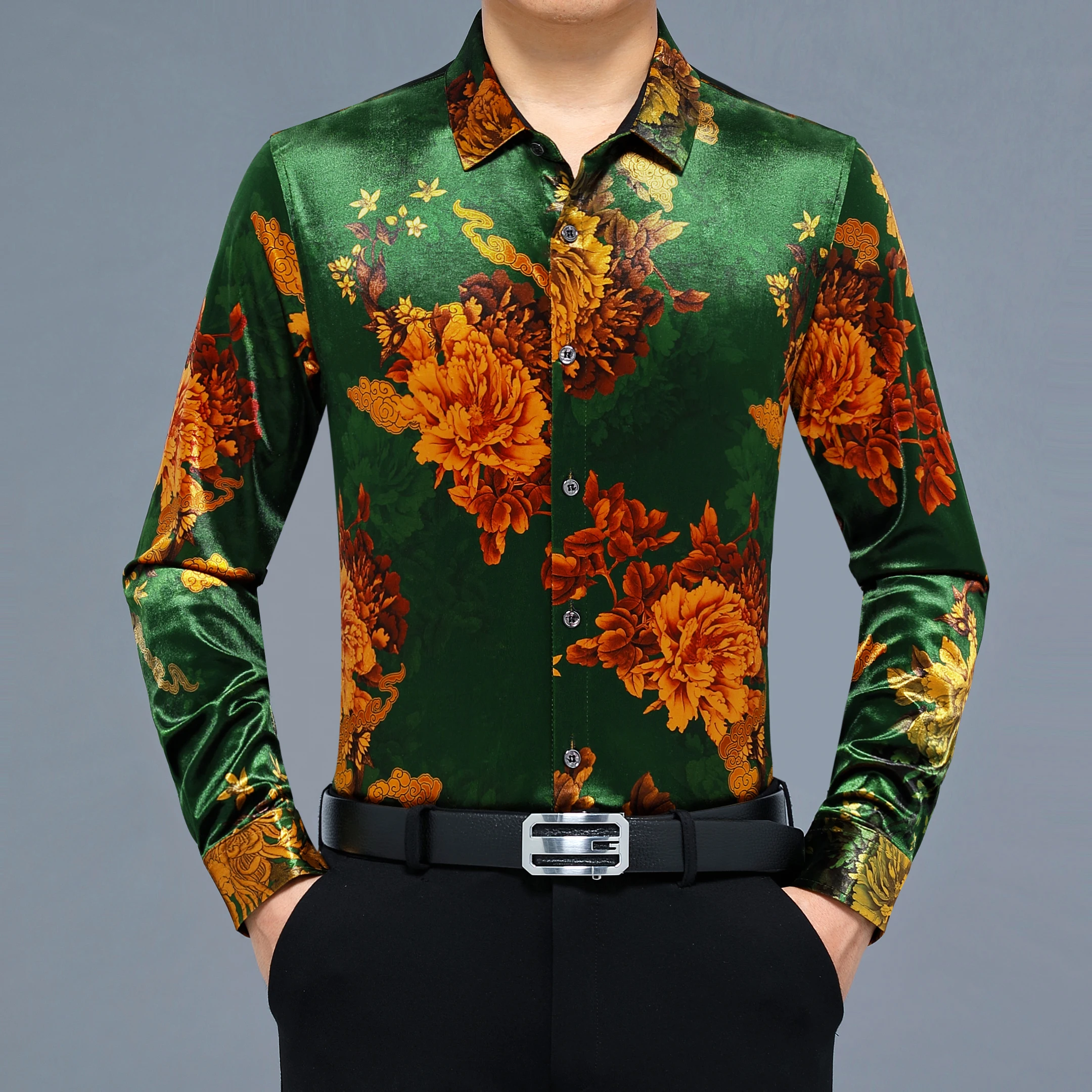 Men's Fashion Printing Velour Clothing Autumn Turn Down Collar Soft Gold Velvet Shirt Male Long Sleeve Velvet Dress Shirt