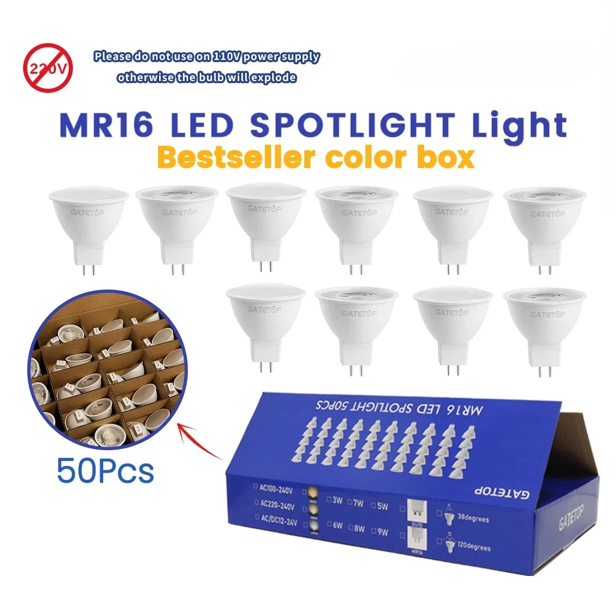 50pcs High Quality MR16 LED Bulb Lamp GU5.3 Cup Spotlight AC/DC 12V 24V High Brightness 38° Beam Angle Home Lighting Accessories