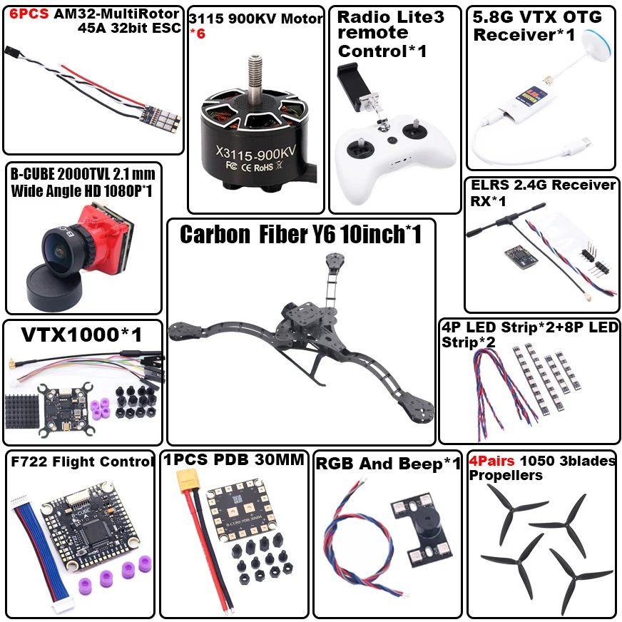 DroneHub Y6 carbon fiber three-axis frame f450 crossing three-axis frame three-axis drone frame F722 INAV BF