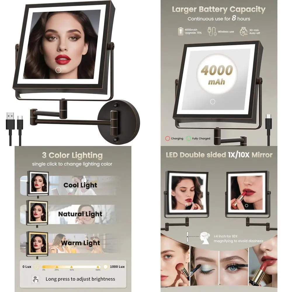 مرآة مكياج LED مزدوجة الجوانب مع بطارية 4000 مللي أمبير في الساعة، 360 درجة ° ذراع قابل للدوران، أضواء 3 ألوان قابلة للتعتيم باللمس، تكبير 1X/10X، Oi #1