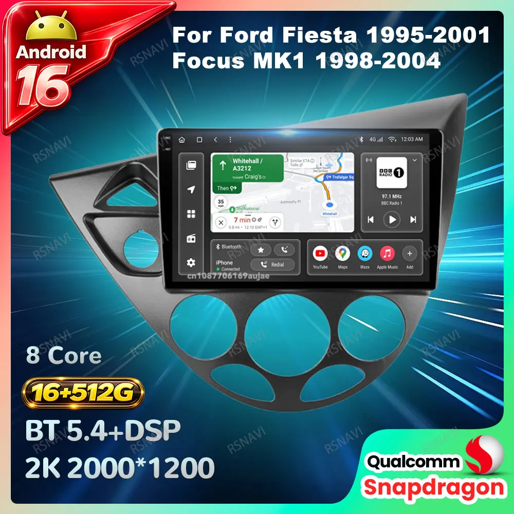 Radio de coche Android 16 para Ford Fiesta 1995-2001 Focus MK1 1998-2004 Autoradio Inalámbrico Carplay Auto BT DSP DVD 4G LTE QLED Estéreo