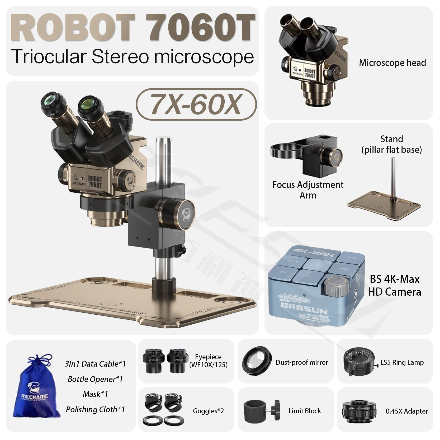 MECHANIC ROBOT 7060T-TG Trinocular Stereo Microscope 6.5-60X