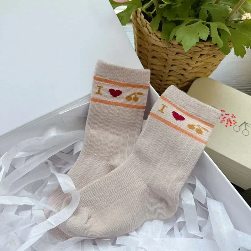 In Stock 2024 BP Summer Baby Girl Sock Cherry Print Frilly Socks Little Girl Socks 4 Pairs Set Kids Clothes