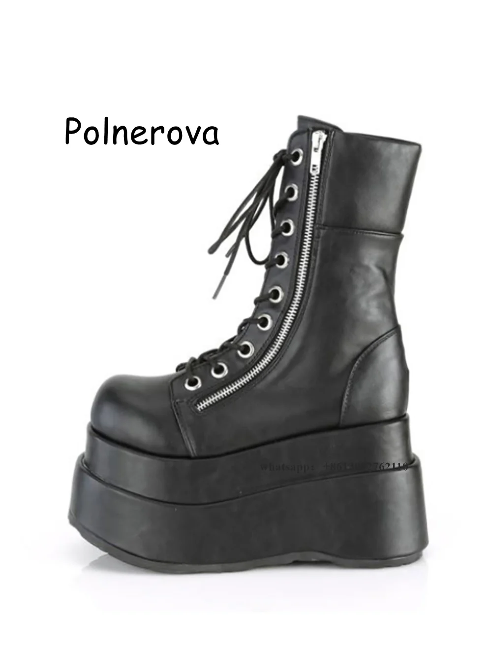 Black Thick Sole Boots Wedges Zipper Tie Women\'s Shoes Round Toe Winter Casual Height Increasing Retro British Style Punk Boots