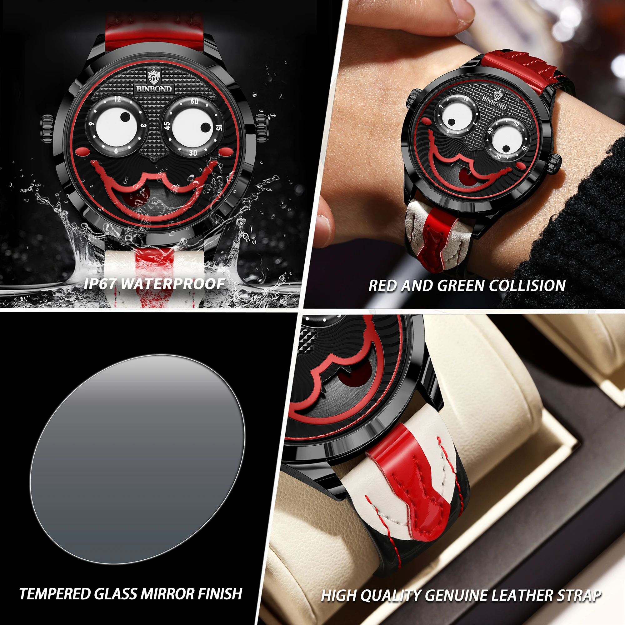 BINBOND Clown Face Men's Watch Precise Quartz Watches for Men Luxury Waterproof Casual Sturdy Leather Wristwatches Reloj image 6