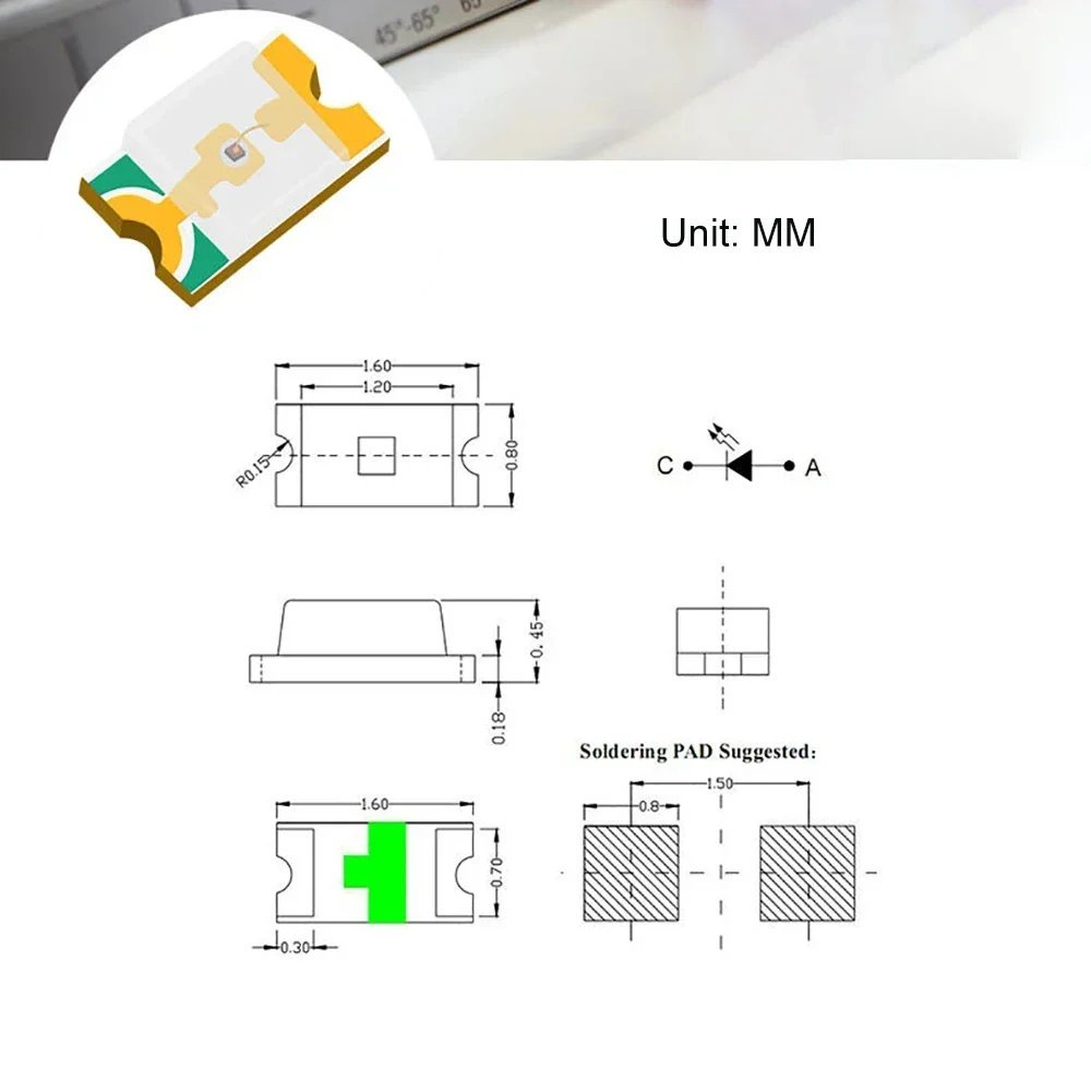 100PCS 0603 SMD LED Kit with Bright Red, White, Yellow, Blue, Green for DIY Electronic Components