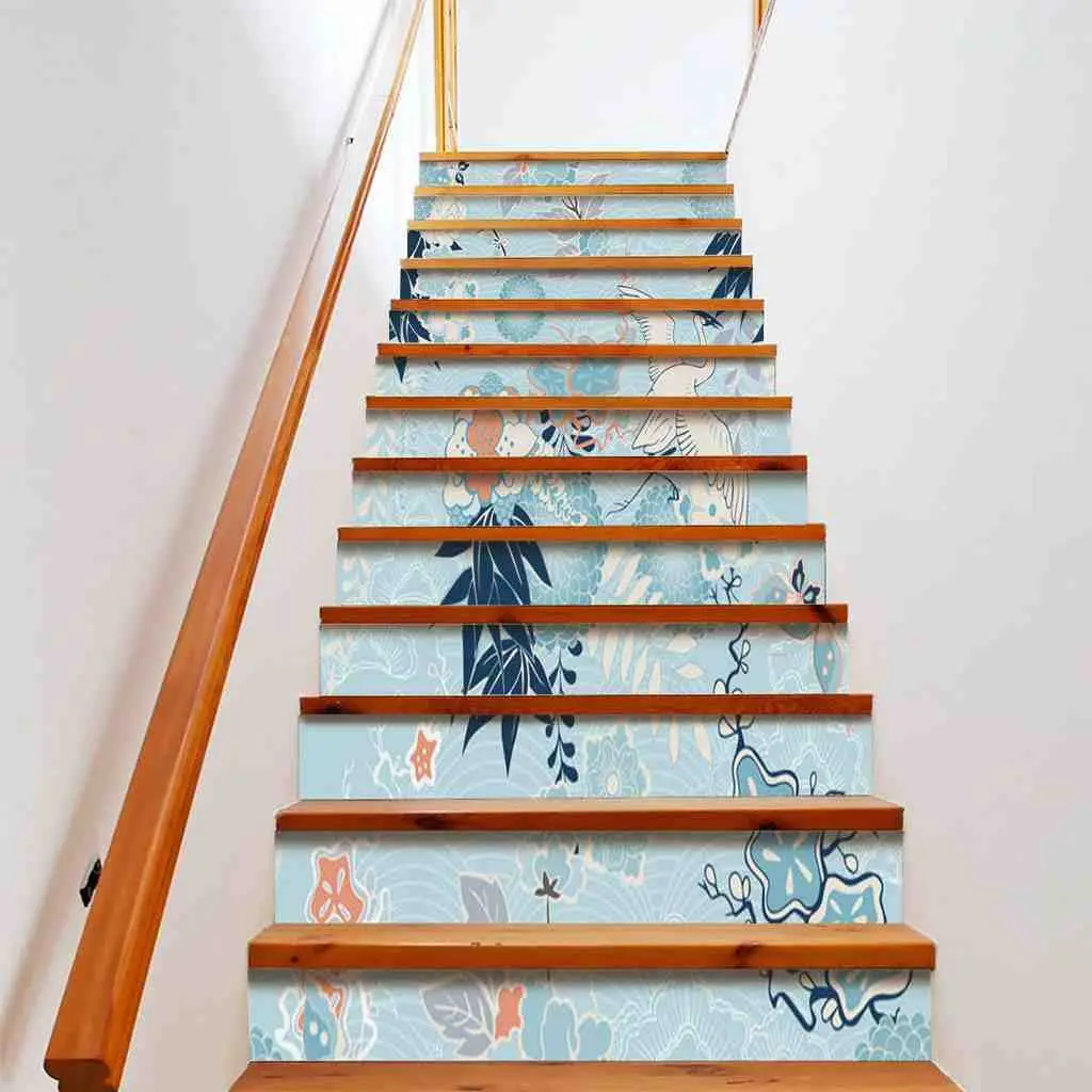 White Crane Stair Stickers Red Cherry Blossom Cloud Staircase Riser Decals Japanese Style Staircase Murals Indoor Steps Decor