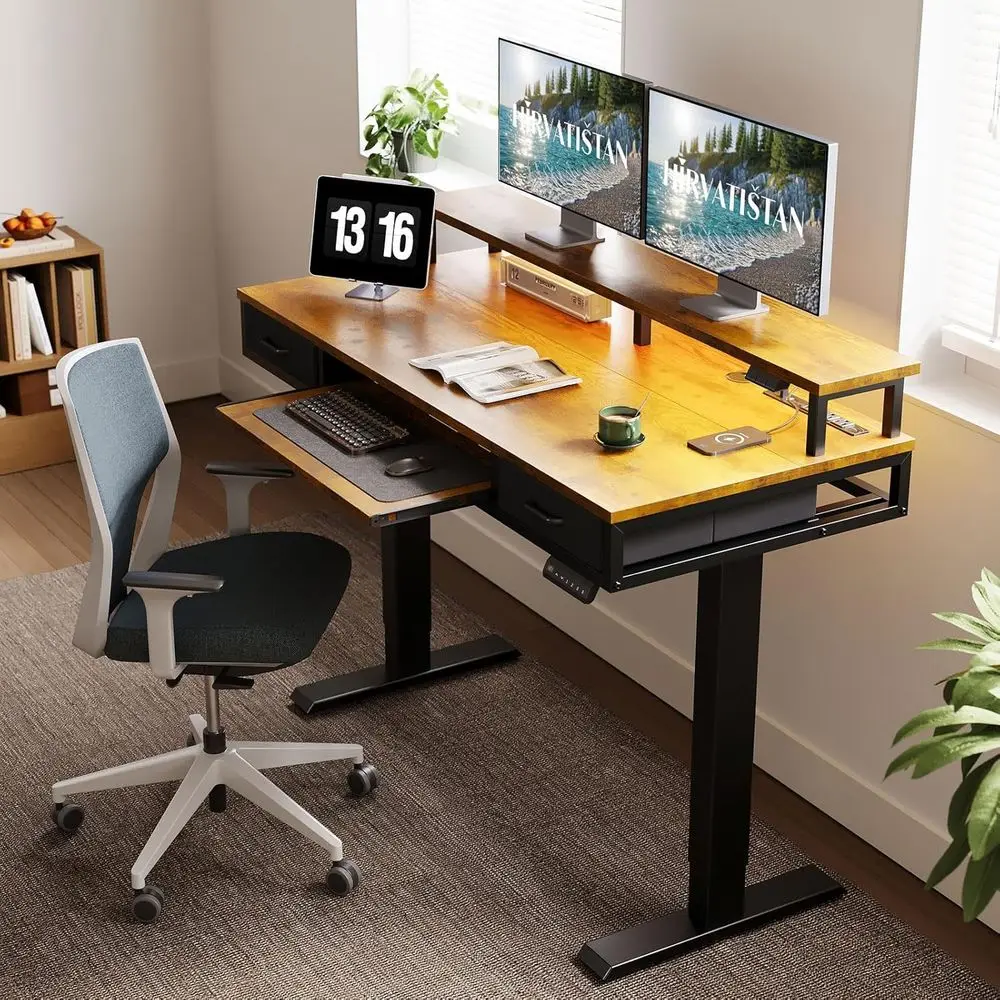 Adjustable 55-Inch Electric Standing Desk with Drawers, Keyboard Tray, Power Outlets, LED Lights, and Monitor Stand for Home and
