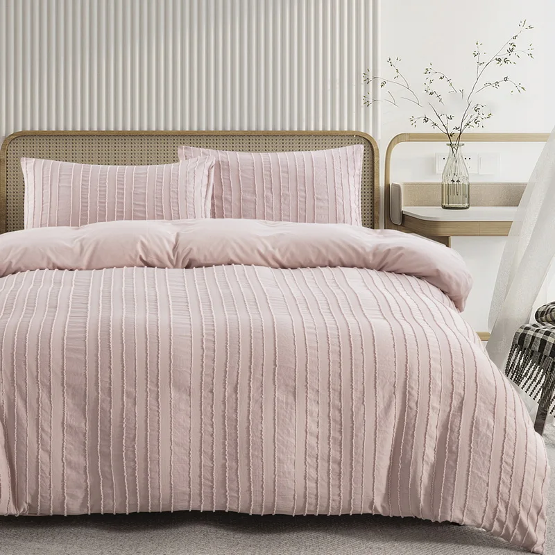 

Pink Tufted Duvet Cover Set Queen Size, Striped Textured Comforter Covers Boho Bedding Set, Soft Washed Microfiber Quilt Cover