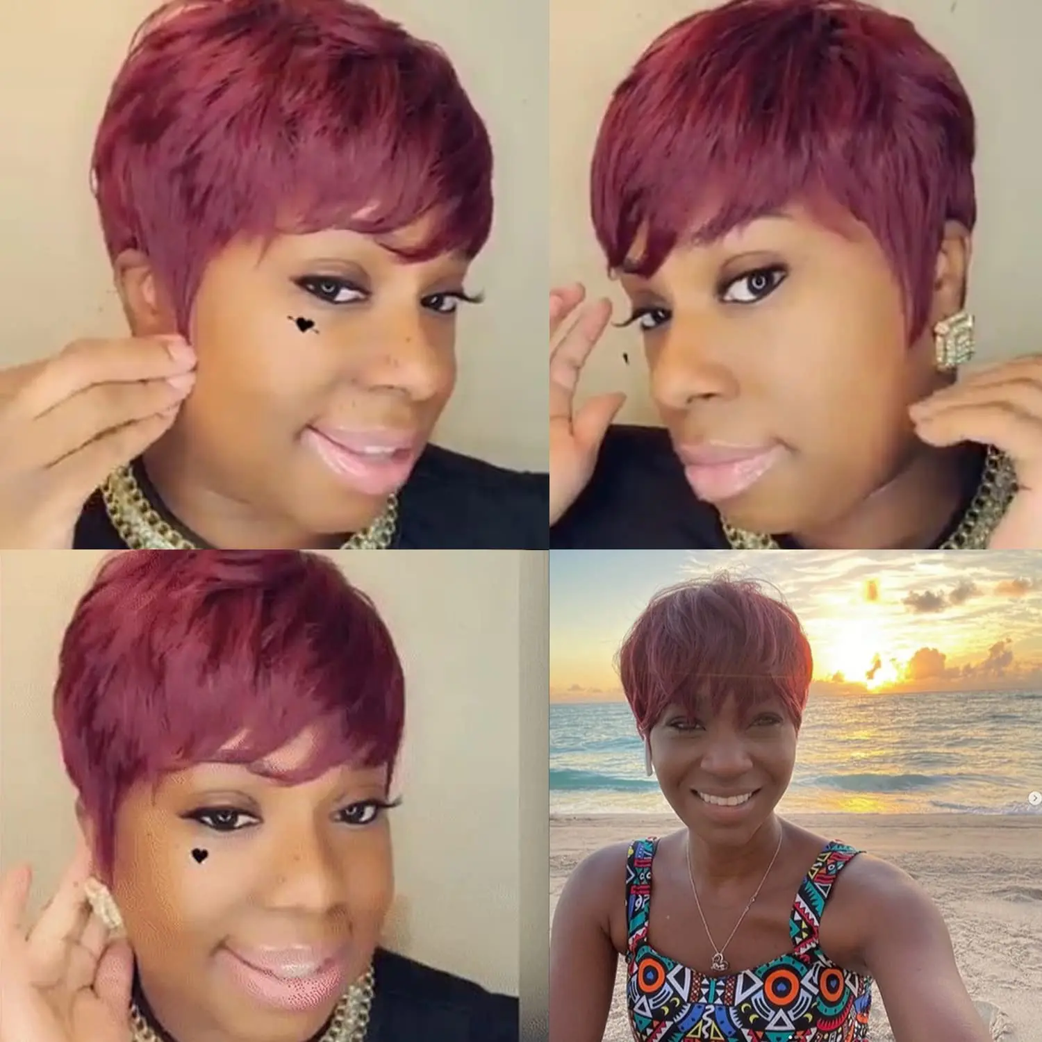 Wig Pixie Cut Pendek Burgundy Berlapis, Rambut Asli Berwarna Lurus dengan Poni untuk Wanita, Wig Buatan Mesin Penuh