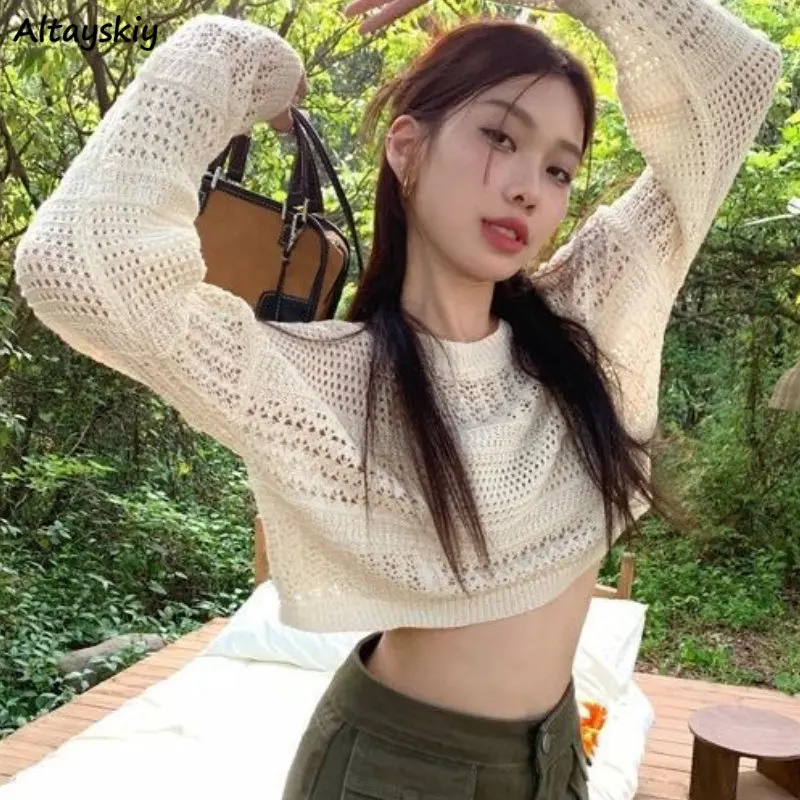 Hollow Out T-shirts Women Loose Sun Proof Long Sleeve Summer Streetwear Crop Tops Hotsweet Fashion Breathable Simple Holiday New