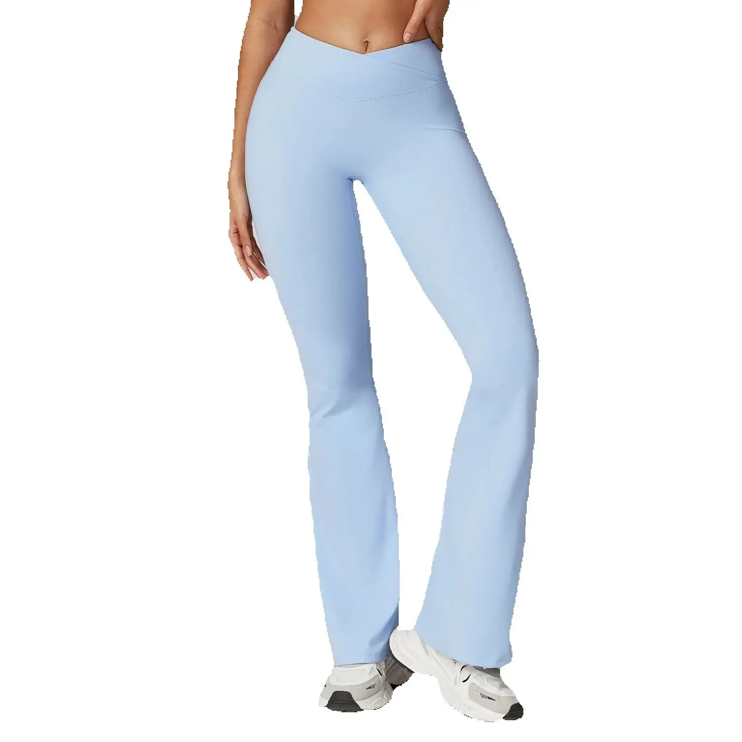 Damskie legginsy do jogi z wysokim stanem, krzyżowane w pasie, rozszerzane ku dołowi, modelujące brzuch, szerokie nogawki, legginsy fitness. — 2