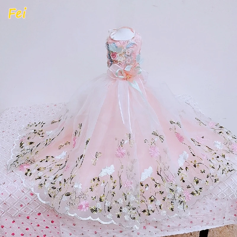 Pet Dog Clothes Handmade Green Peacock Trailing Lace Dog Dress for Princess Wedding Luxury Long Skirt for Dogs Photography Style