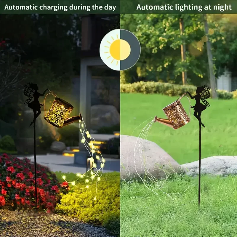 Outdoor Solar Hanging Kettle Warm Light Waterproof Villa Yard Decoration Solar Angel Lamp Fairy Lights Vintage Metal Garden
