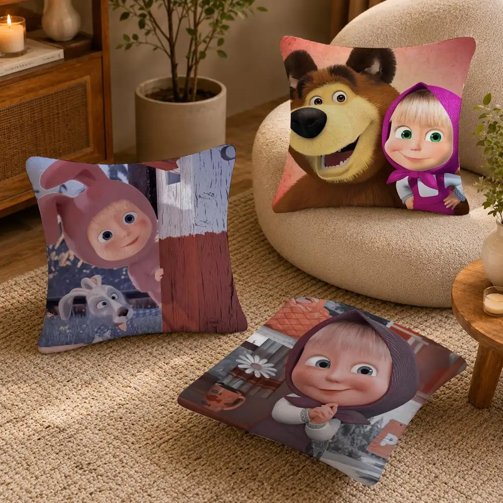 M-Masha and The Bears Cushion Cover Soft Short Plush Pillow Case Double Sided Print Washable Sofa Bed Home Decor Gift