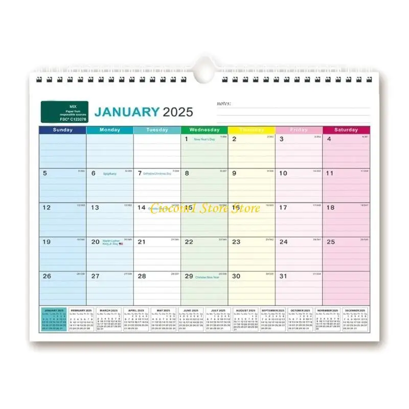 A3PC 2025 벽 달력 매달려 달력 주간 플래너 영어 에디션 캘린더