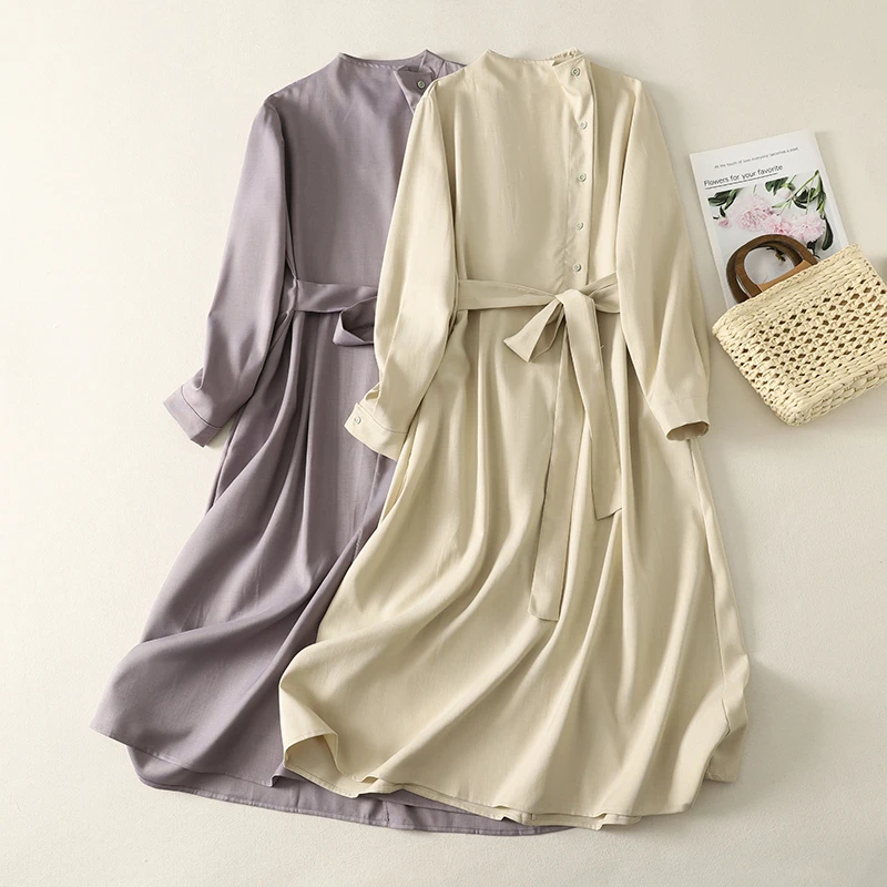 Elegant Long Sleeve Asymmetrical Dress Women's Autumn Intellectual Style Waist-Cinching Midi Dress Cotton Polyester Blend