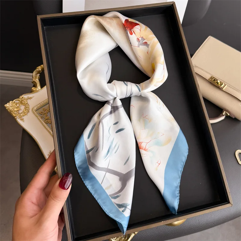 Ladies Elegant Flower Printed 70x70cm Square Bag Neck Decoration Women Small Handkerchief Multi Function Imitated Silk Scarf