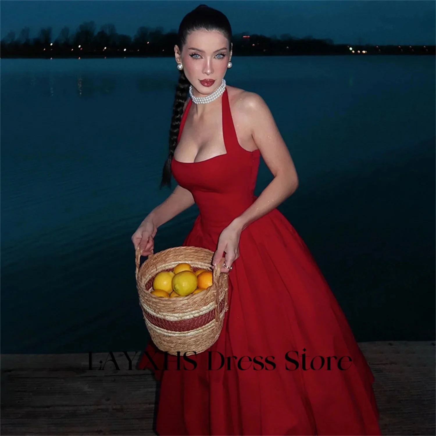 LAYXHS Sexy Vermelho Halter Vestidos de Noite Backless A Linha de Tule Chá-Comprimento Vestidos de Baile Formais Personalizados فساتmaveraات