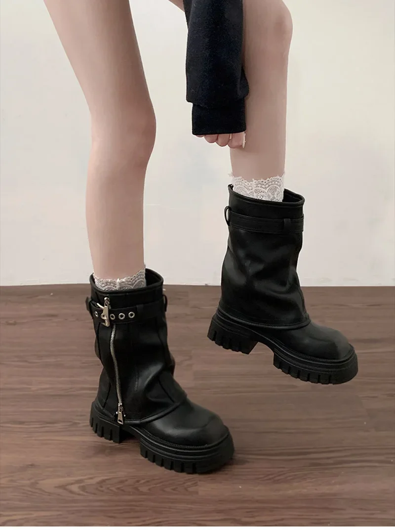 Winter Damen Biker Stiefel Mode Gürtelschnalle Elegante Plateau Flache Kurze Stiefeletten Lässige Damen Ritterstiefeletten – Detail 4