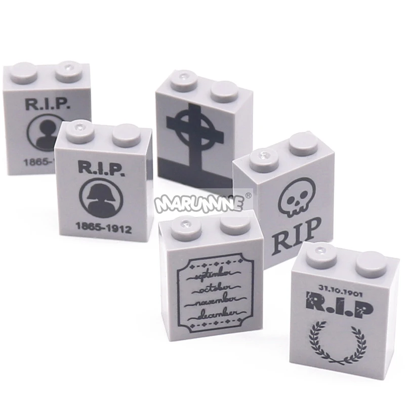 Marumine 10PCS Halloween Printed Tombstone Blocks 1x2x2 Graveyard Bricks 3245 Compatible DIY Classic MOC Building Accessories