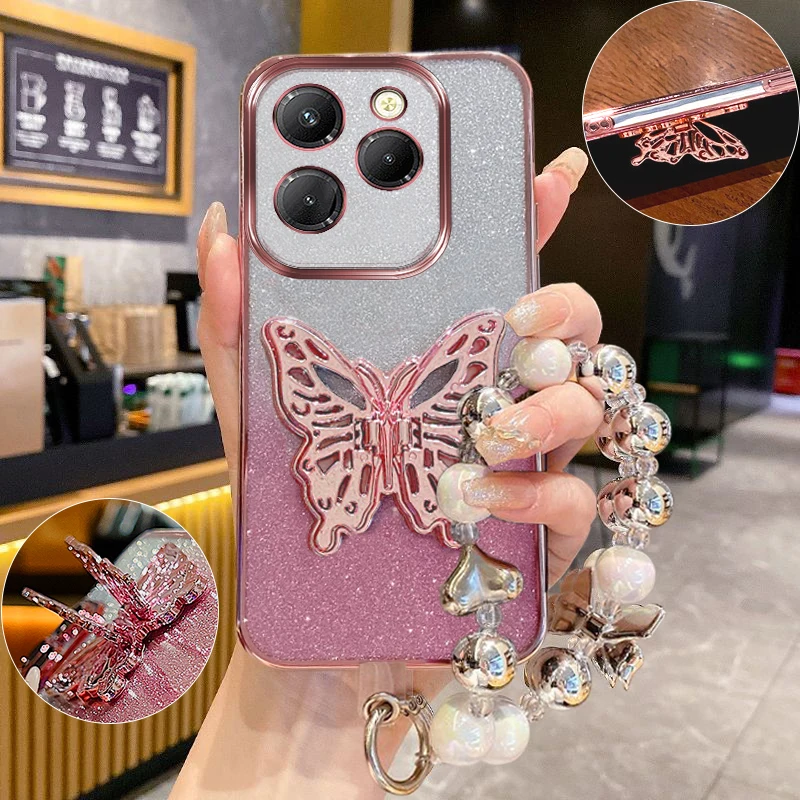 

Hot40 Glitter Plating Butterfly Holder Silicone Case for Infinix Hot 40 hot50 Pro+ Hot 11 10 9 Play Shockproof Cover Girls Gift