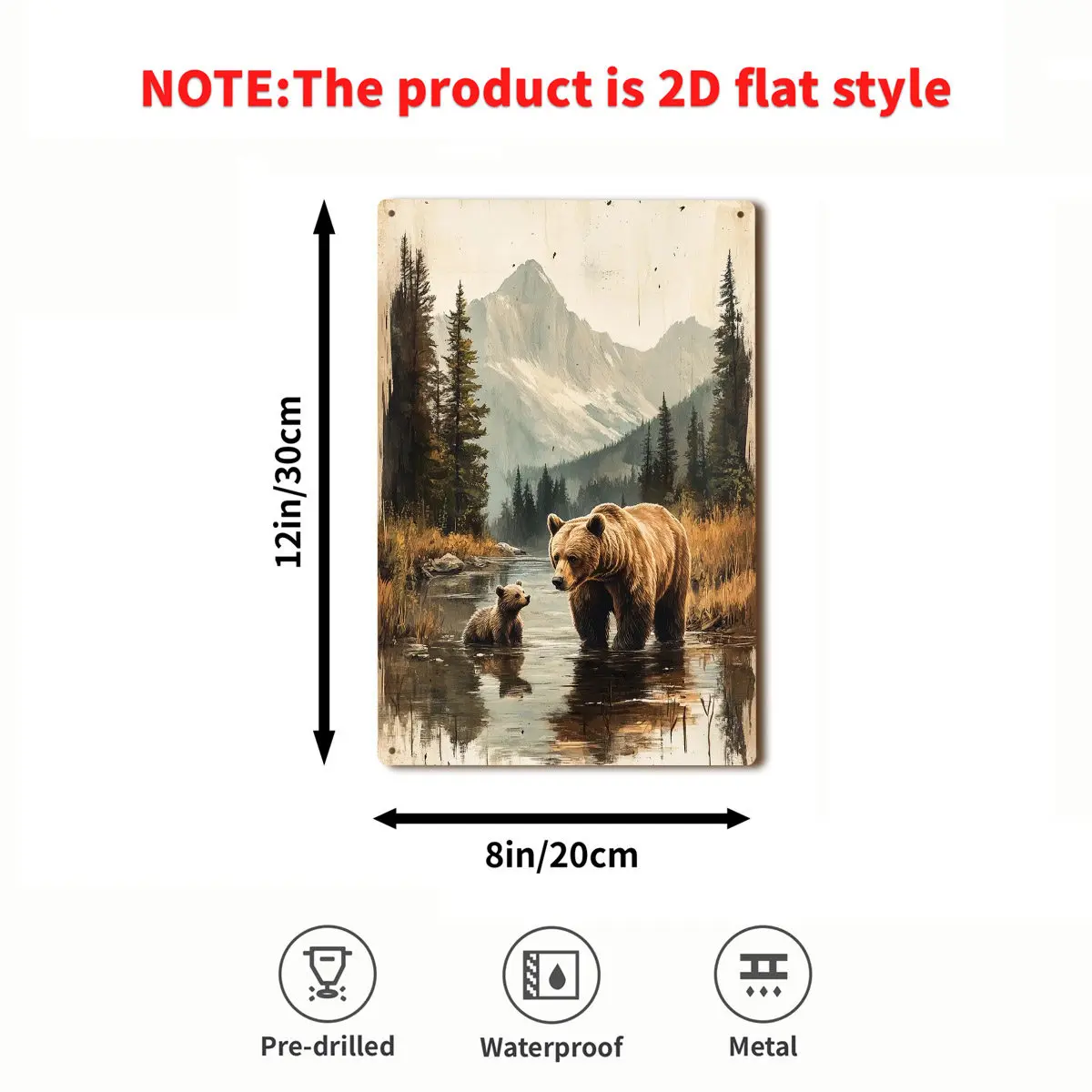 2D Flat - 2D Plane, 1 Two-Dimensional Plane Bear River Metal Sign, Depicting Majestic Mountain Forest Scenery. This Vintage Wall