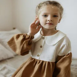2024 Spring Summer Fashion Toddler Girl Cotton Linen Splicing Long Sleeve Dress Children Lapel Casual Party Dresses Baby Clothes