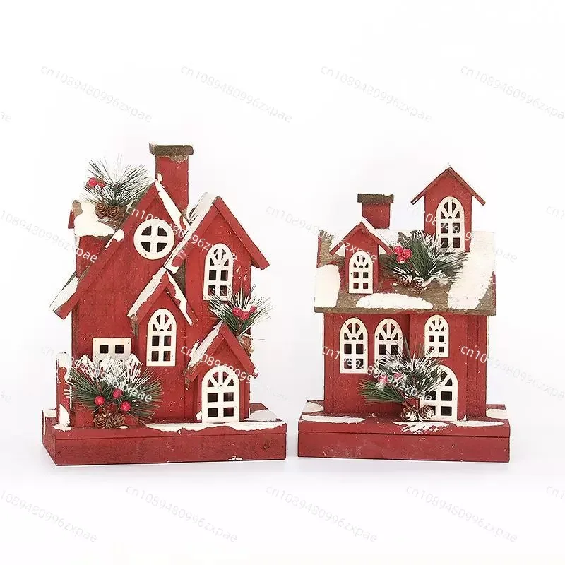 Red wooden house lighting snow scene wooden castle church ornament house scene