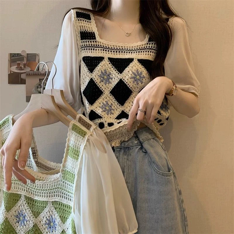 Chiffon Flower Knitted Flower Summer Hollow Out Short Sleeve Women T Shirts O Neck Fashion All-match Sweet Oversized Crop Tops