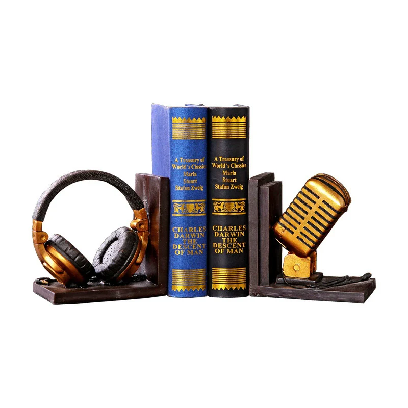 bookends-tabletop-unique-microphone-headset-shape-for-desk-coffee-table-durable-resin-decor-for-books-artistic-decoration