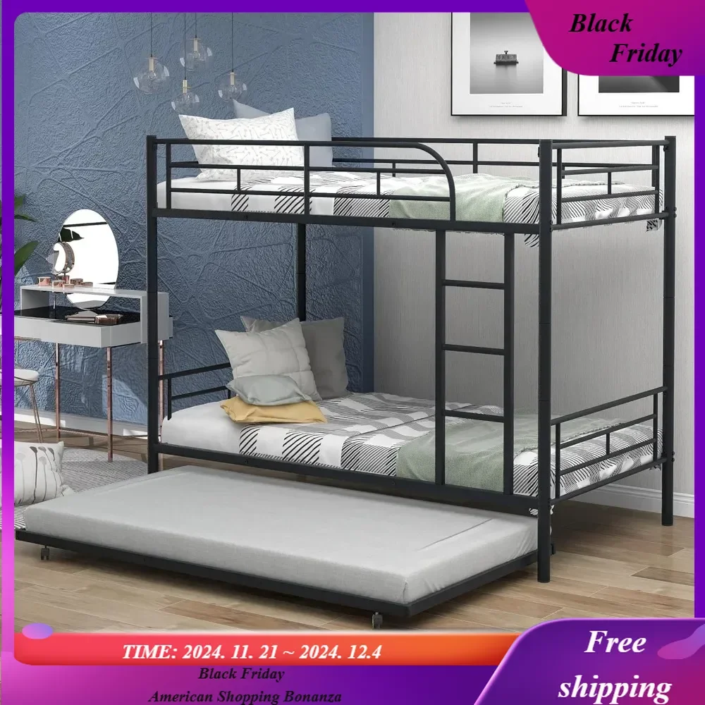 

Metal Bunk Bed Twin Over Twin with Trundle, Heavy Duty Metal Bunk Beds Can be Divided into Two Beds, Kid Twin Bunk Bed