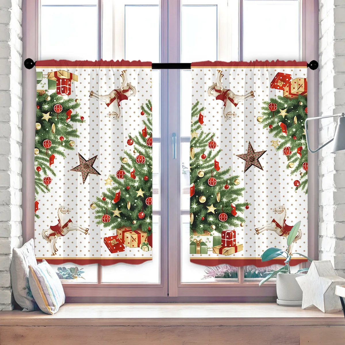 VIKAMA 2PCS Christmas Kitchen Valance Curtain Waterproof Oil Proof Short Window Cabinet Tier Curtain Set