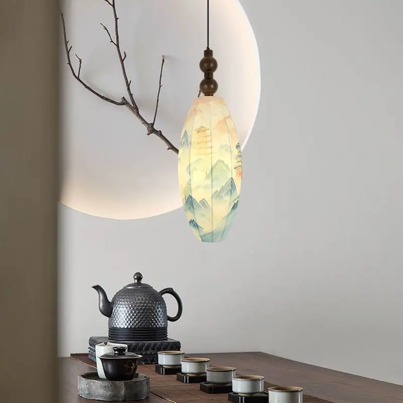 Wabi Sabi Style Vintage Fabric Painting Single Head Long Line Restaurant Main Light Tea Room Combination Multiple Headlight