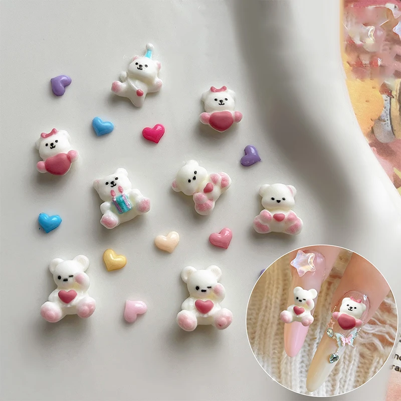 3D Kawaii résine coloré dessin animé ours ongles breloques coeur Nail Art décoration accessoires bricolage manucure artisanat charme pour ongles bricolage
