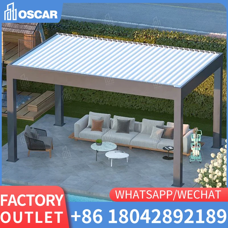 Modern House Electric Automatic Aluminum Pergola with curtains Waterproof Garden Yard Customized