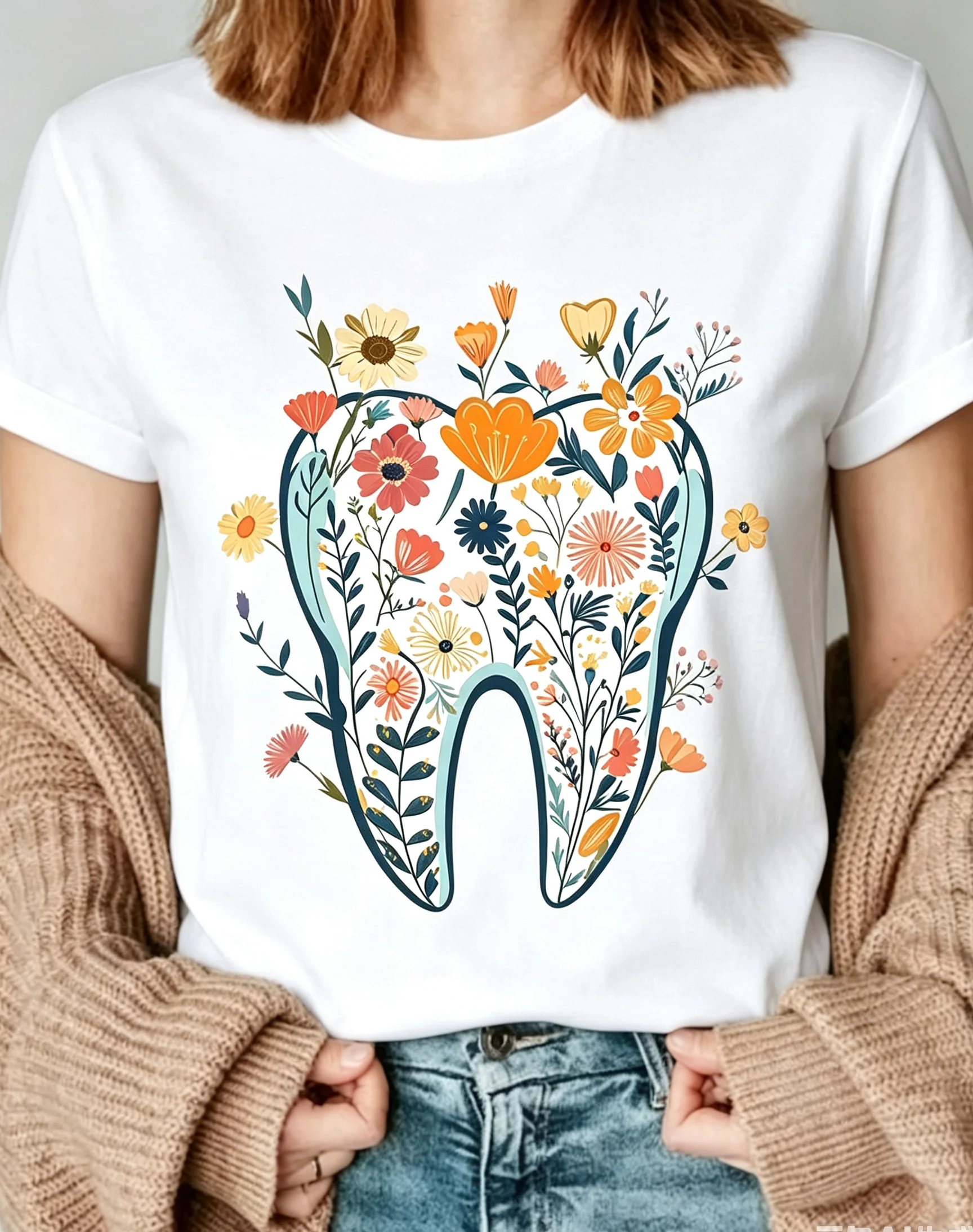 Dental Tooth Flower T Shirt Floral Clinic Graphic Crewneck Loose Top Apparel for Women Dentist Office Work Casual Wear