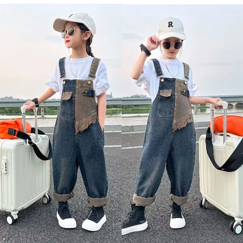 

Unisex Child Patchwork Denim Overall Jumpsuit for Boys Girl Elegant Suspender Bib Pants Teen Kids Casual Strap Jeans Dungarees