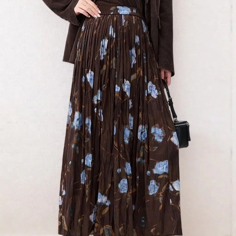 

French Retro Fashion Printed Long Skirt For Women'S Autumn And Winter New Style Artistic Style High Waist Pleated Long Skirt