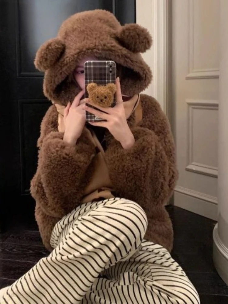 Bear Ear Hooded Jackets Women 2024 Ropa Mujer Furry Streetwear Thicked Outwear Casual Fashion Zipper