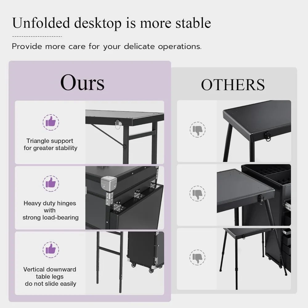 Manicure Table Makeup Station w/Speaker, Portable Nail Desk for Nail Teach, Foldable Traveling Nail Desk Organizer Cart