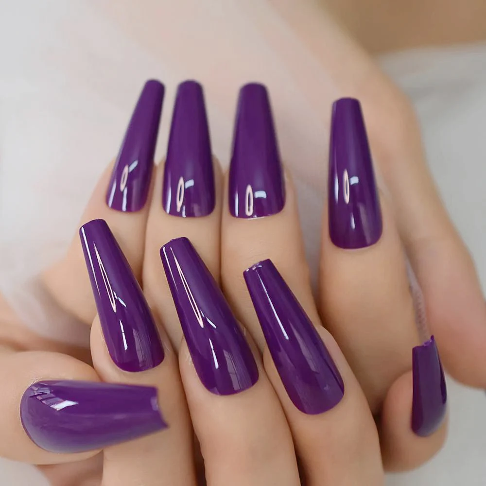 

Shiny Grape Press On Fake Nails With Glue Sticker Long Ballerina Coffin Artificial Finger Tips Manicure Acrylic False Nails