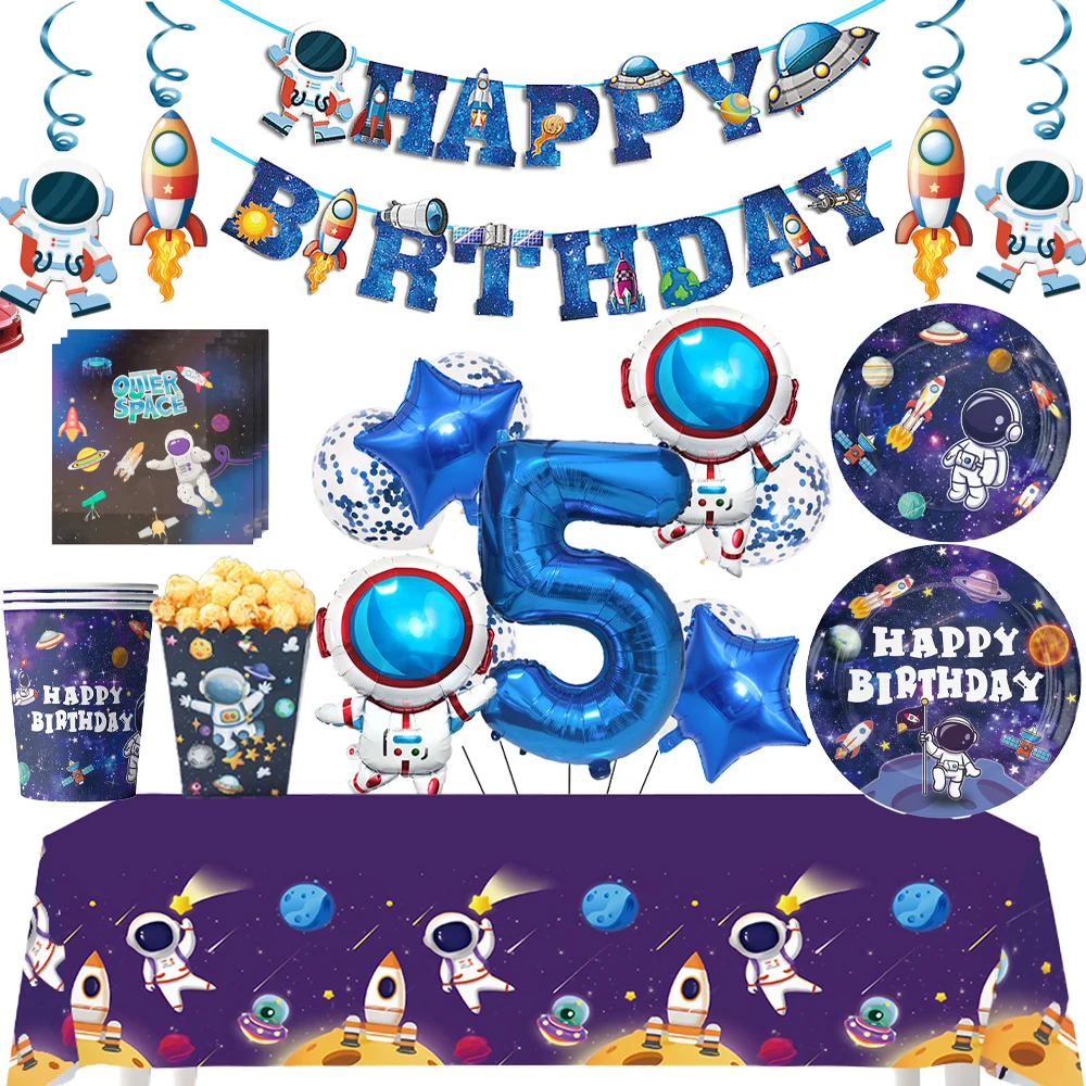 Weltraum-Party-Zubehör für den 5. Geburtstag eines Jungen, Astronauten-Ballon-Dekoration, Pappteller, Becher, Servietten, Happy-Birthday-Banner, Party-Dekorationen