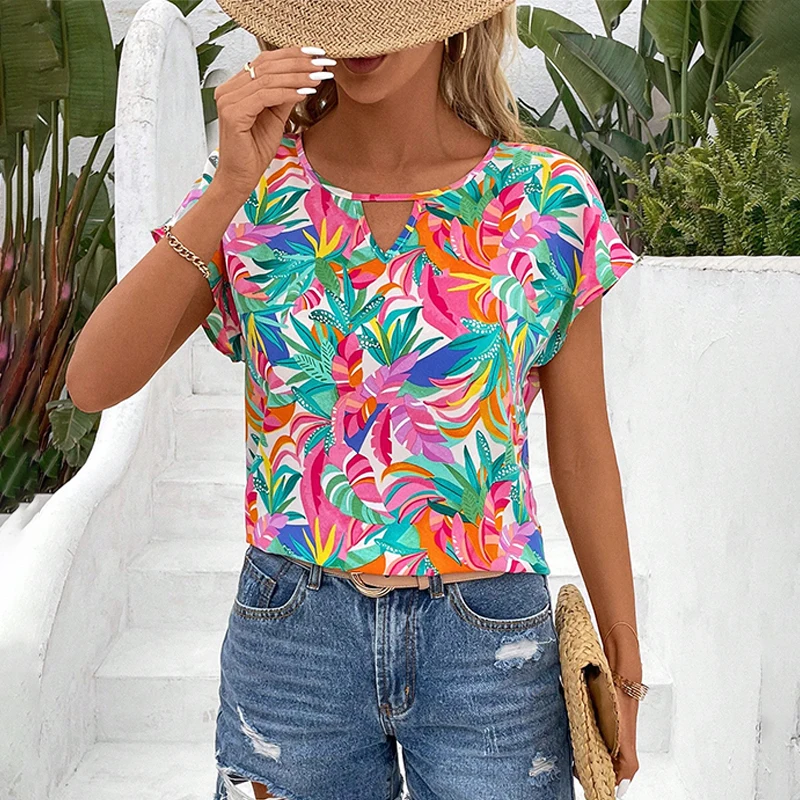 Hawaiian blouse Ladies Advanced Breathable crew-neck fashion Summer short sleeve High Street Korean beach style feminine eleganc