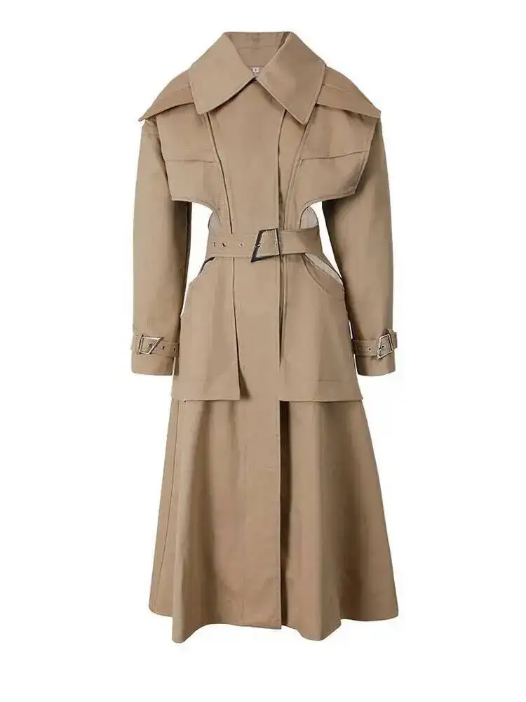 Big Women Size Cut-out Camel Long Trench New Lapel Long Sleeve Loose Fit Windbreaker Fashion Spring Autumn 2026 1DH058