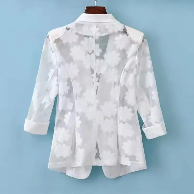 Chic Women Blazer Jacket Spring Summer New Thin Cardigan Sun Protection Clothing Hollow Lace Three-quarter Sleeve Suit Top Ladie