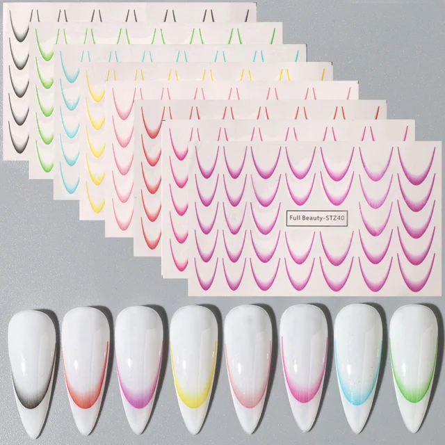 8 sztuk gradientowe francuskie naklejki do paznokci atrament kwitnąca linia fal suwaki do transferu wody naklejki DIY Ombre Manicure dekoracje folie